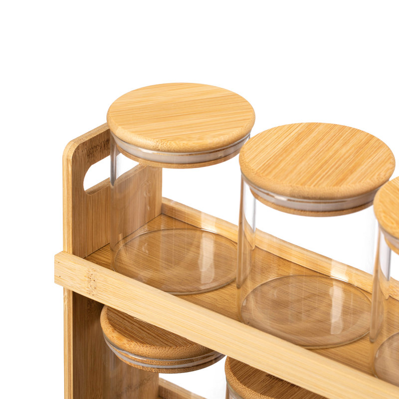 Support à épices et garde-manger en bambou à 2 niveaux avec 6 bocaux en verre Basicwise