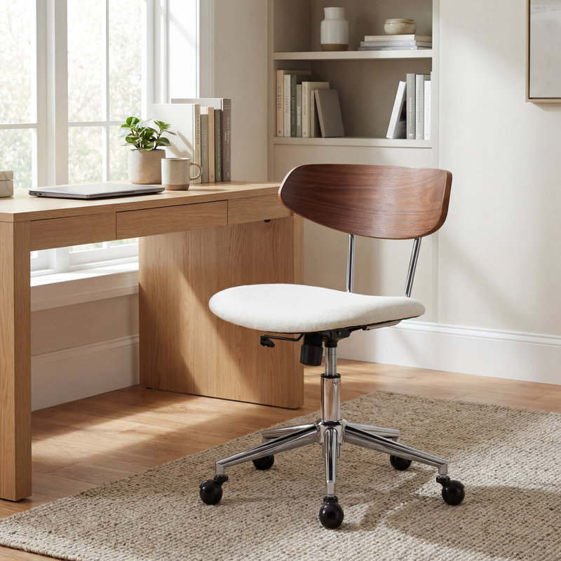 Mid Century Modern Desk Chair With Wood Back, Adjustable Height Swivel Office Chair, Ergonomic Beige Fabric Upholstered Task Chair With Wheels, Retro Style For Study & Computer Room