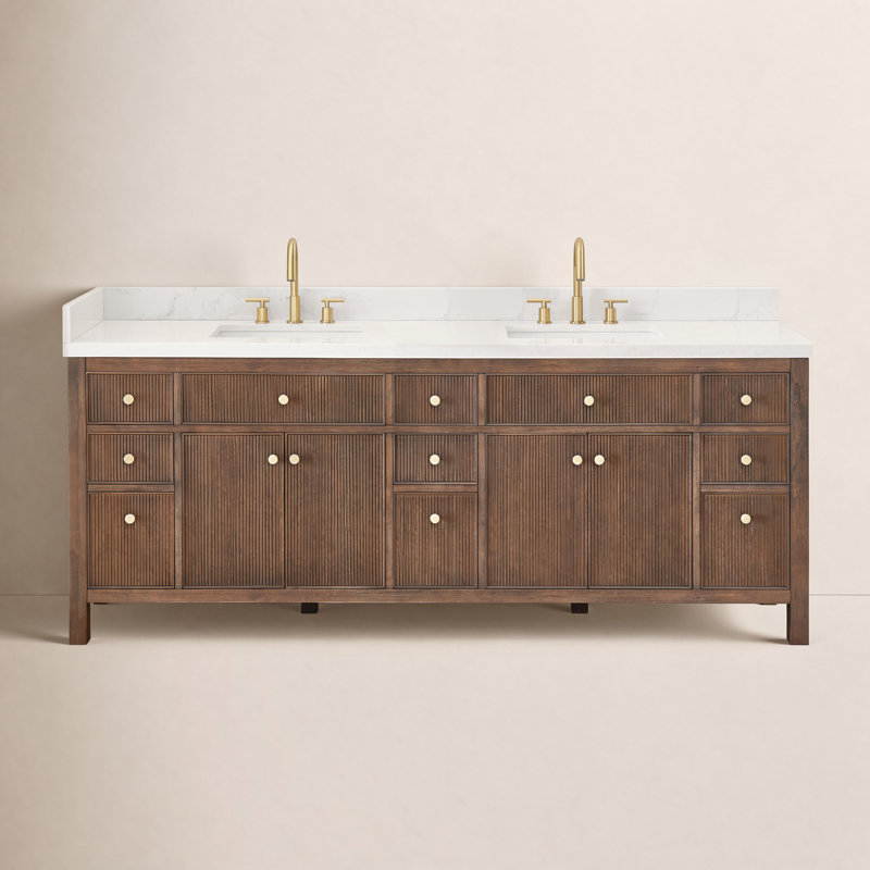 Meuble-lavabo double Lala de 84 po avec comptoir en pierre reconstituée blanche grainée, sans miroir, Chêne brun brossé