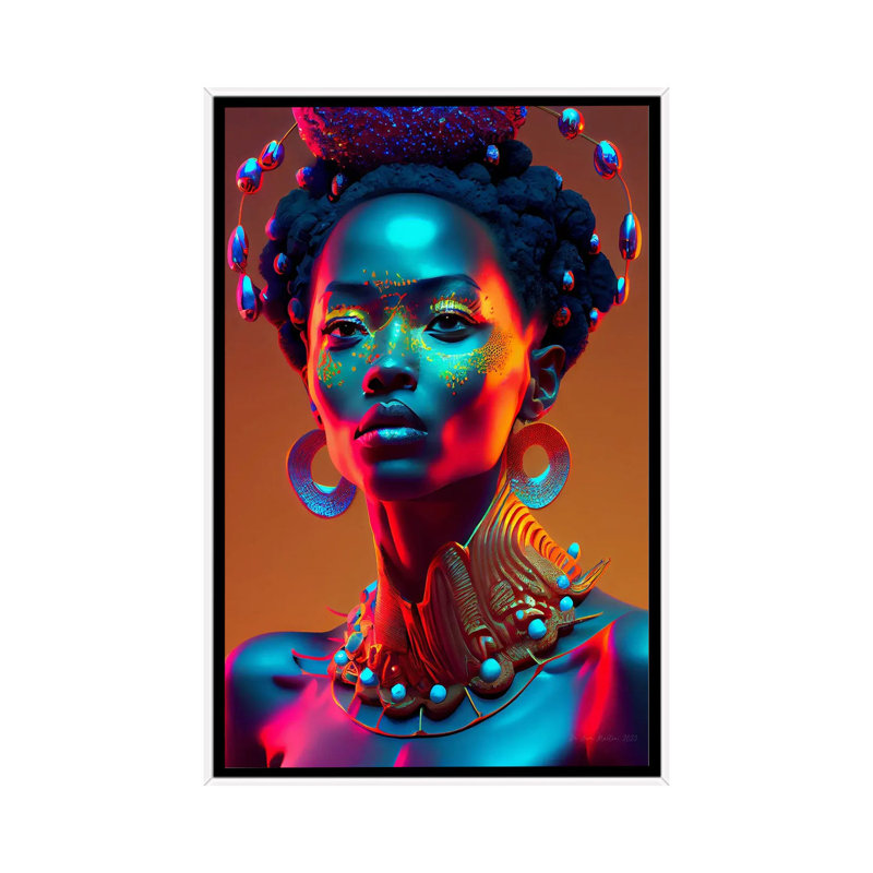 Afrofuturist, reine de la royauté africaine I, Toile encadrée flottée blanche, H 26 po x l 18 po x P 1,5 po