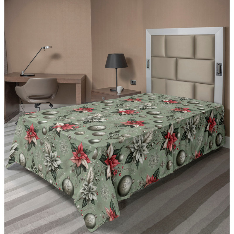 Drap plat moderne de style bohème Ambesonne, Drap plat pour lit simple, Vert laurier / corail / motif floral gris