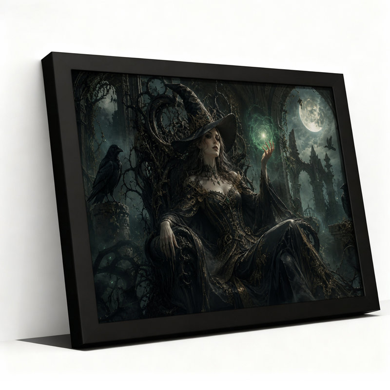 «Dark Fantasy» sorcière tenant un orbe magique vert sur toile d'Halloween, H 16 po x l 24 po