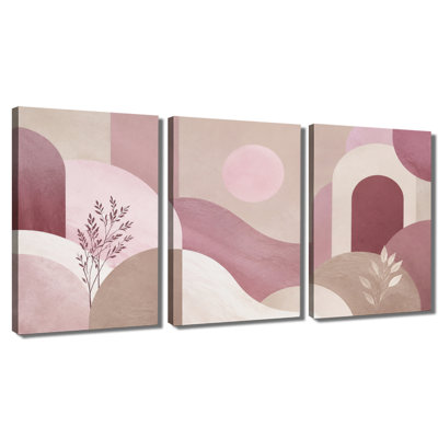 3‑panel wall art boho pink beige geometric shape wrapped canvas print
