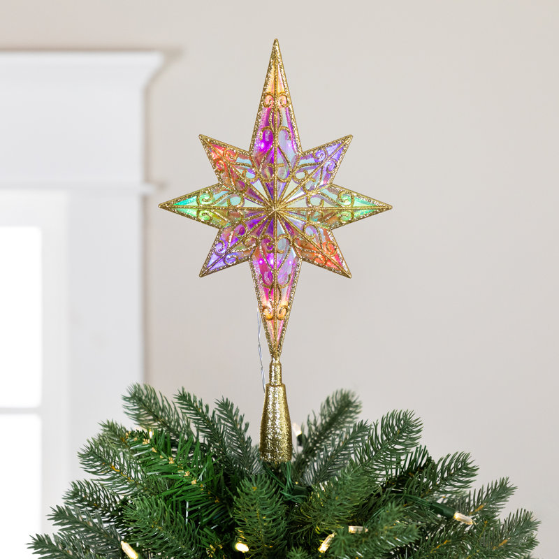 Décoration pour sommet de sapin en forme d'étoile à DEL à paillettes DEL - 14,5 po - doré - multi lumières
