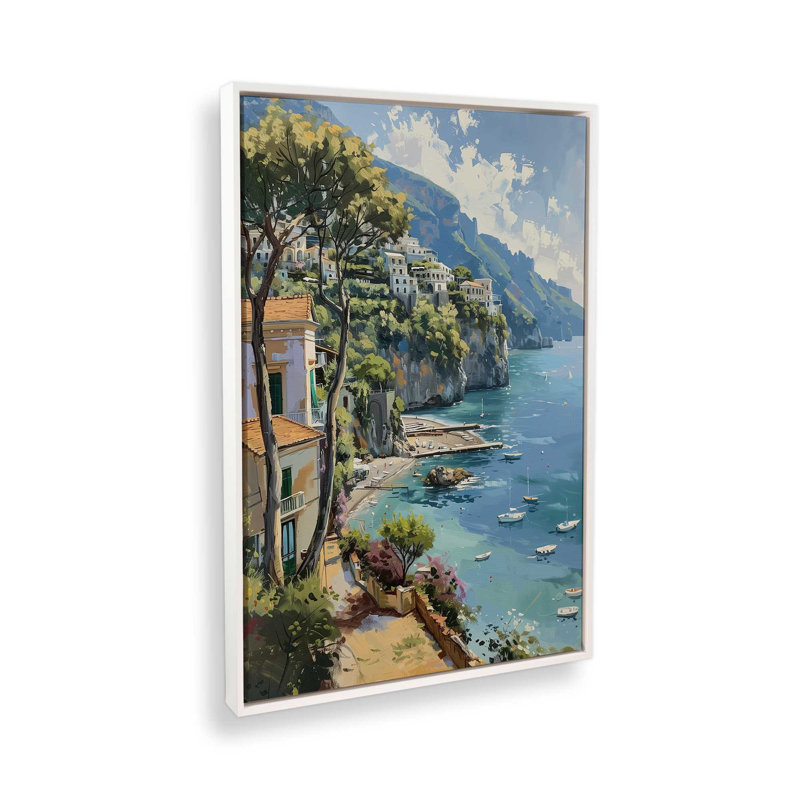 Vue de la côte d'Amalfi I, H 19 po x l 13 po, Toile avec cadre, Blanc opaque