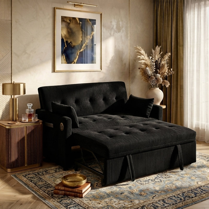 53" 3-in-1 Convertible Sleeper Sofa with Pull-out Bed, Modern Velvet Loveseat Couch with Adjustable Backrest & Side Pockets, for Living Room Apartment