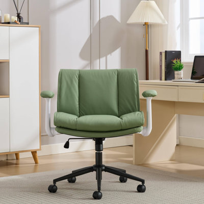 Green Cross-Legged Office Chair: Wide Swivel Seat With Flip-Up Armrests & Wheels For Home Office And Vanity