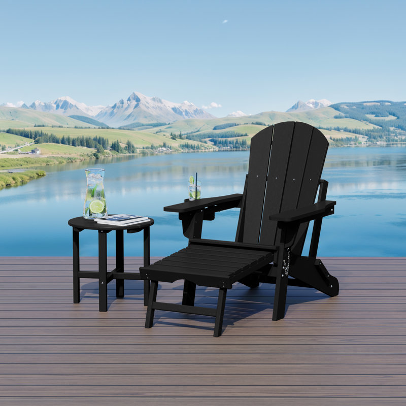 Outdoor Folding Adjustable Adirondack Chair With Hideaway Ottoman & Round Side Table, Black