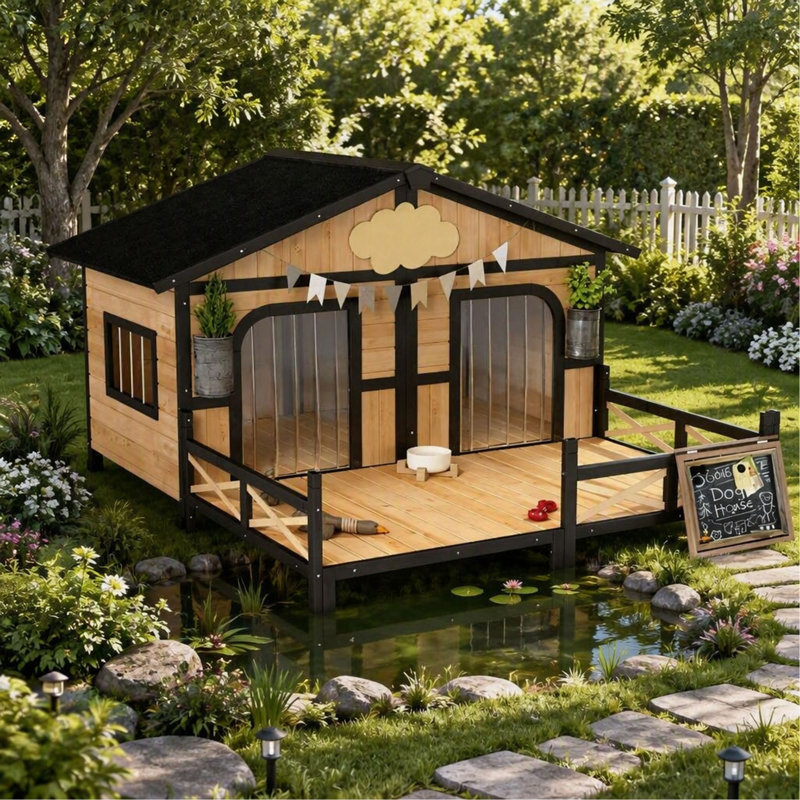 Niche pour chien en bois avec porche et chambre double - Toit ouvrable, fond amovible et plancher surélevé