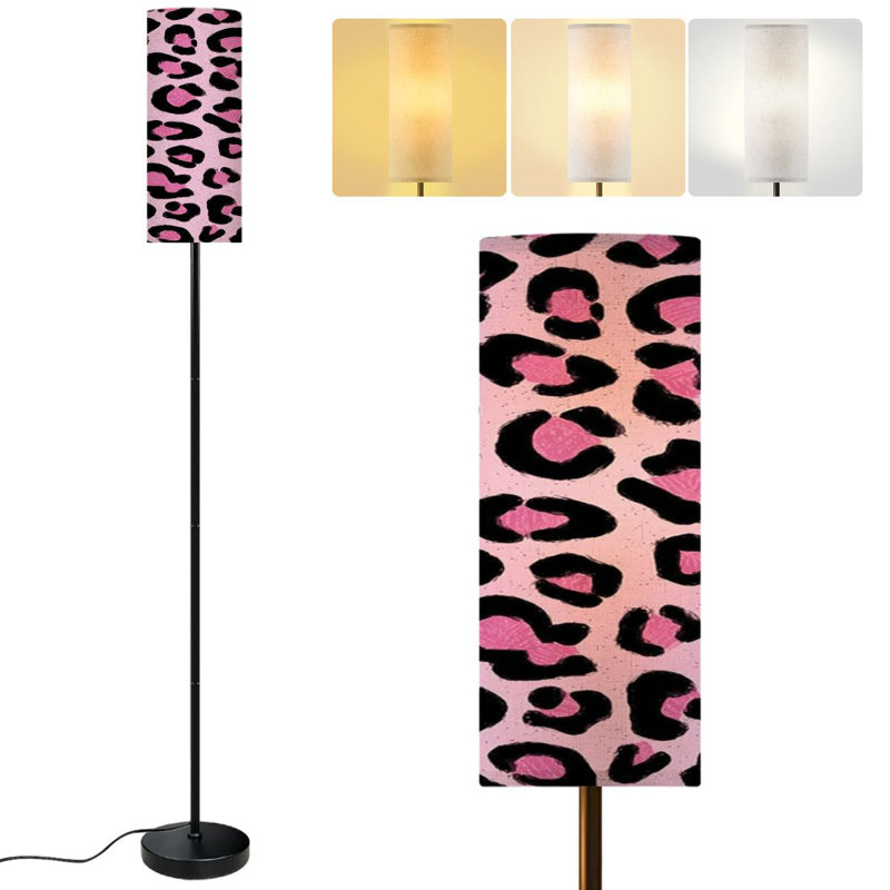  68.5" Standing Floor Lamp Pink Cheetah Seamless Leopard Skin Dimmable Metal Pole Lamp with Linen Lampshade LED Bulb Included