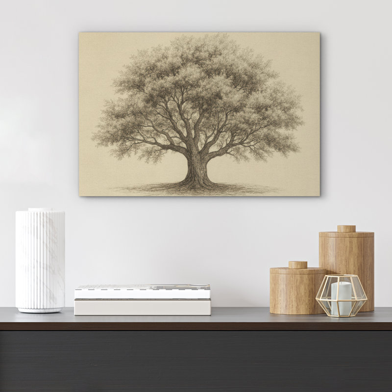 Arbre classique, dessin, nature, élégance rustique, décor de ferme, impression sur toile encadrée, H 12 po x l 18 po