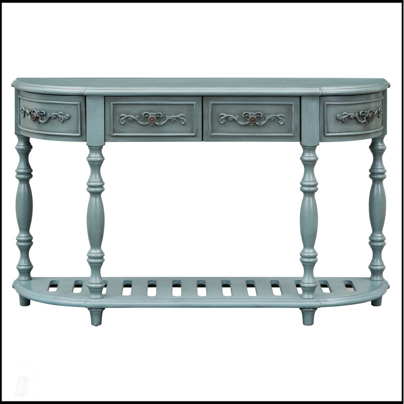 Console moderne et contemporaine courbée avec beaucoup de rangement, parfaite pour les vestibules et les salons, Bleu antique