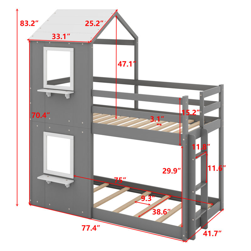 Monhollan Kids Twin Over Twin Bunk Bed, Gray