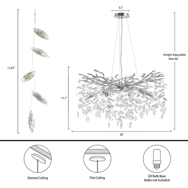 Paree Dimmable Crystal Chandelier, Silver, 17.7" H x 30" W x 30" D