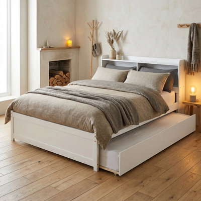 Solid Pine Wood Platform Bed with Integrated Bookcase Headboard and Trundle, Heavy-Duty Wood Bed Frame for Stability, Space-Saving, No Box Spring Needed