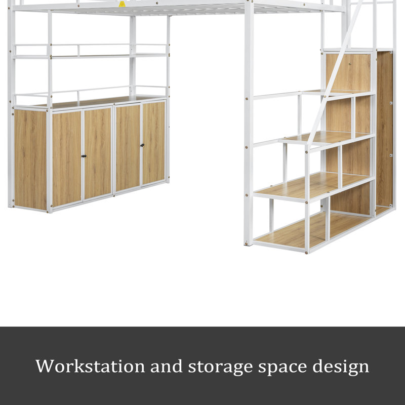 Lit mezzanine double en métal avec escalier de rangement et garde-robe, tablettes et casiers, Blanc/naturel