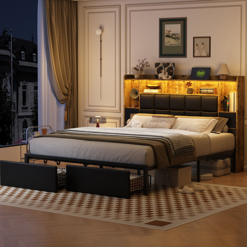 Upholstered LED Platform Bed Frame With Storage Drawers & Bookcase Headboard, Charging Station, Heavy-Duty Metal Slat Support, Noise-Free, No Box Spring Needed
