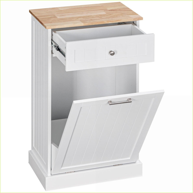 Cabinets, poubelle inclinable autoportante avec tiroir | Blanc cassé | Panneau de fibres à densité moyenne