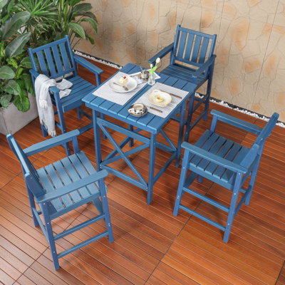 5 Pieces Adirondack Bar Chairs Set, HDPE Patio Bar Height Table And Chairs, Tall Adirondack Outdoor Bar Stools Set, HDPE Patio Bar Table Sets Furniture For Poolside, Balcony, Garden
