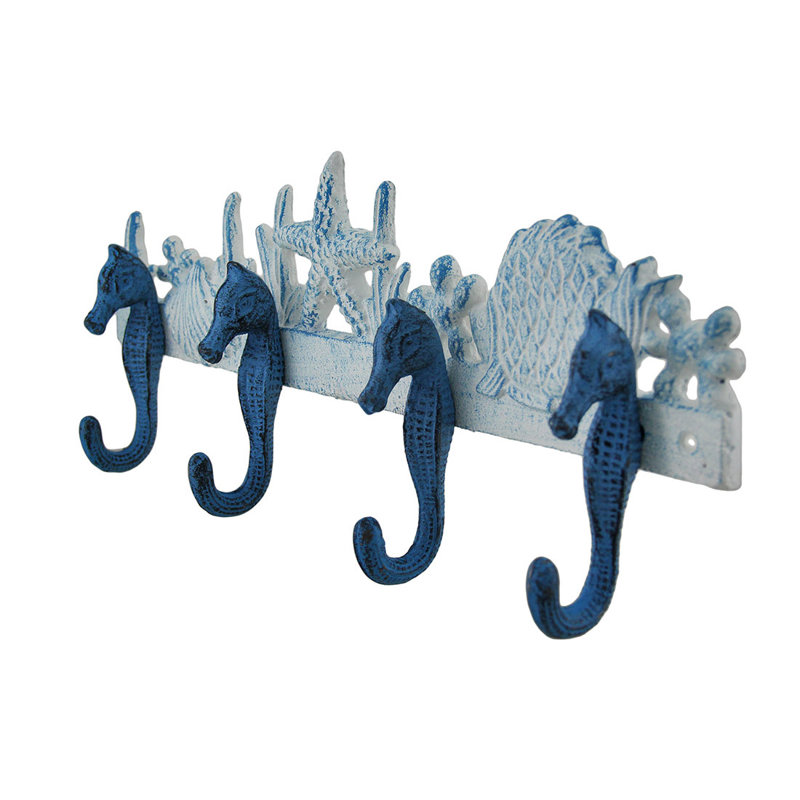 Katondra entryway blue and white cast iron nautical seahorse wall hook and coat rack for towels, robes, and keys — 15.25 x 2.25 x 6 inches