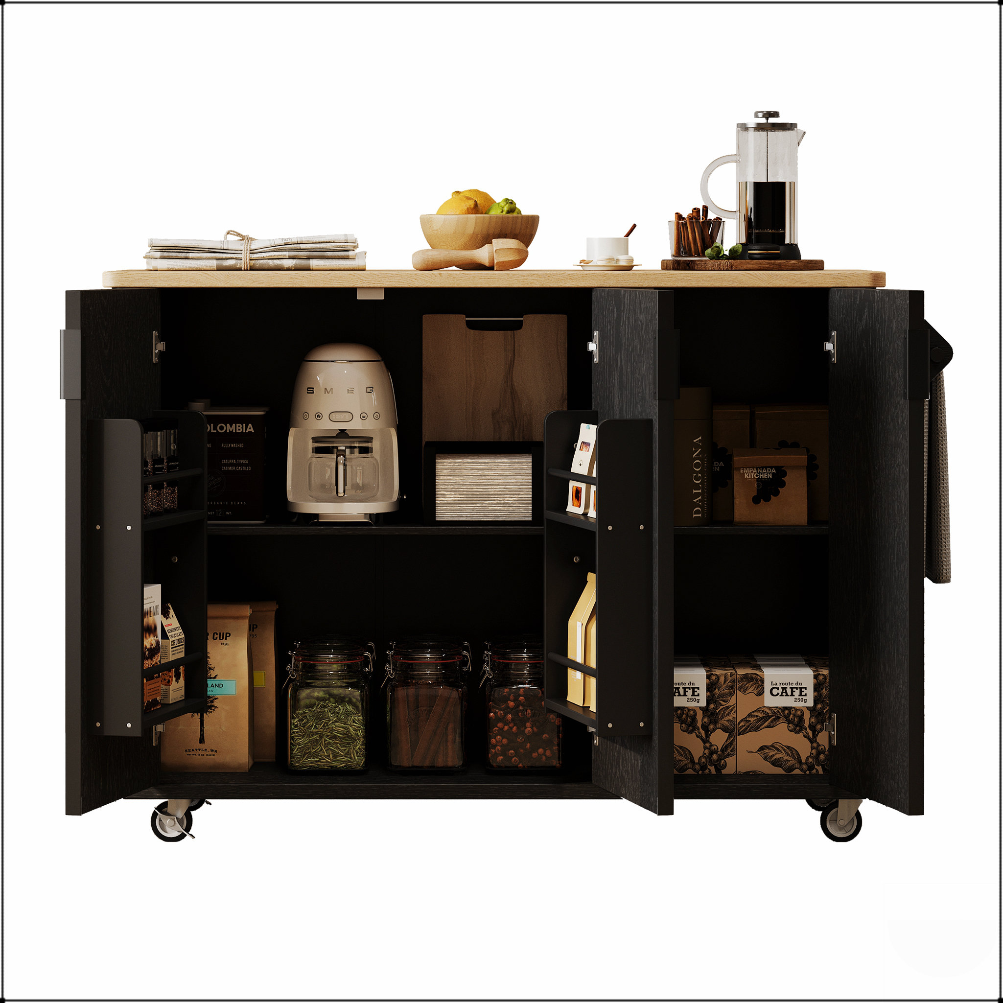 Ebern Designs 51 Inch Fluted Kitchen Island With Drop Leaf, Rolling ...