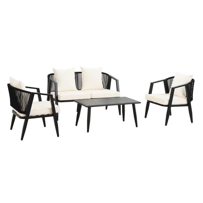 Patio Furniture With Iron Chairs And Soft Cushions - Lawn Outdoor Table Seating Construction & Poolside, Beige, Black