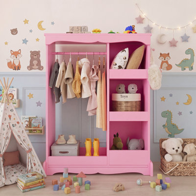 Garde-robe en bois pour enfants, armoire de rangement pour vêtements pour tout-petits avec miroir pleine grandeur, organisateur de vêtements à plusieurs tablettes pour salle de jeux pour enfants