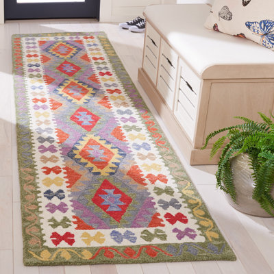 Tapis touffeté à la main de style sud-ouest Horwich en mauve / blanc / vert