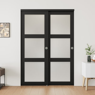 60" x 80" Frosted Glass Sliding Closet Doors with Solid Manufactured Wood Frame and Installation Hardware Kit