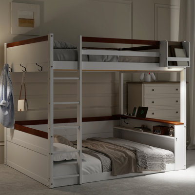 Queen Size White Wooden Bunk Bed With Shelves, Storage Box, Led , Charging, And Clothes Hooks For A Multi - Purpose Relaxing Bedroom Space Built In Well Designed Comfortable