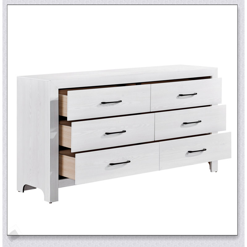 Commode à 6 tiroirs moderne à finition blanche avec quincaillerie noire, solution de rangement durable et élégante pour chambre à coucher