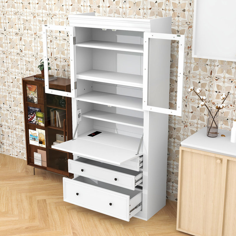 Armoire de cuisine avec 3 tiroirs, tablettes réglables, prise de courant et ports USB, Blanc