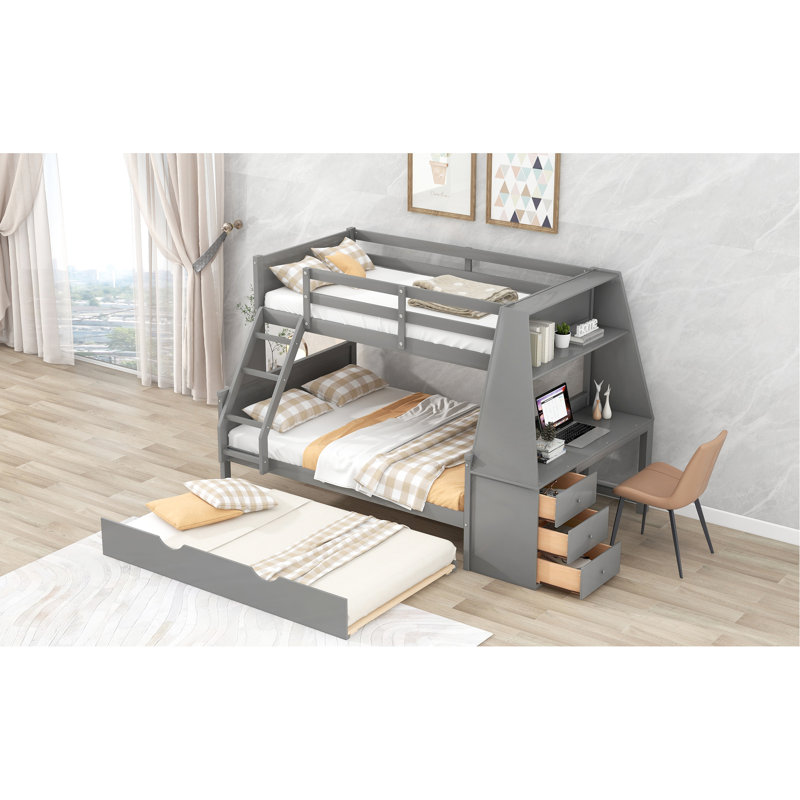 Lit superposé gris avec lit superposé simple au-dessus d'un lit double, lit gigogne, bureau et rangement exquis, Lit simple