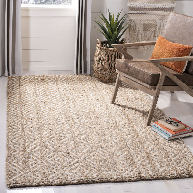 Hand-Woven Natural Jute and Ivory Geometric Area Rug, 3' x 5'