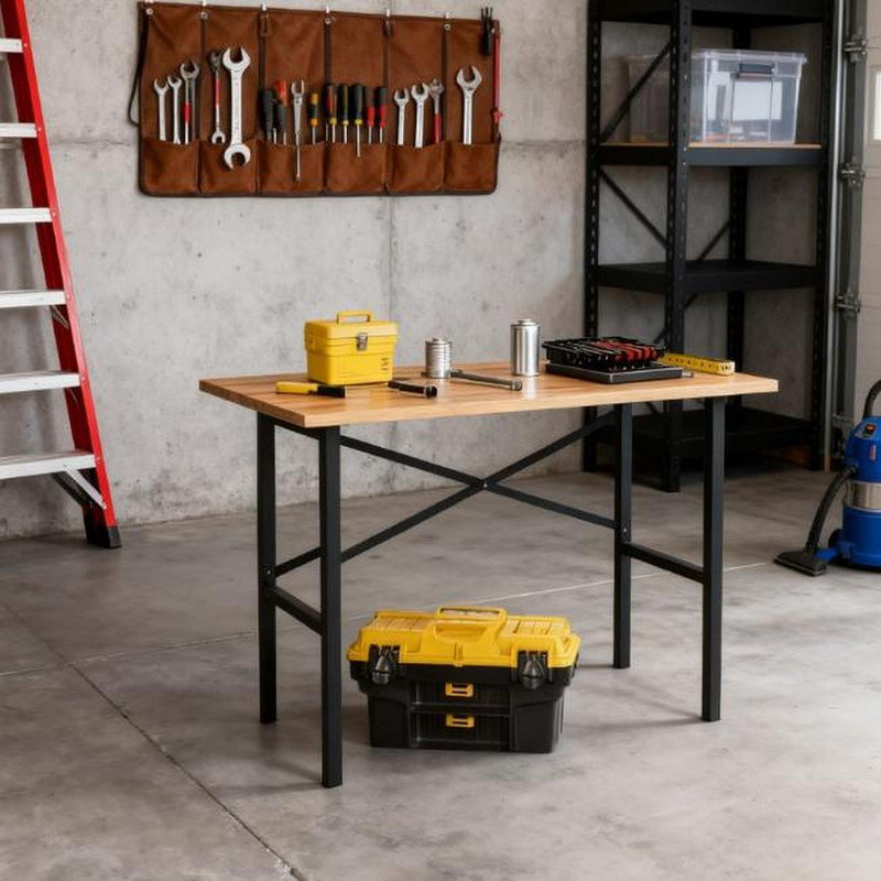 Table de garage avec support en X et plateau de table naturel