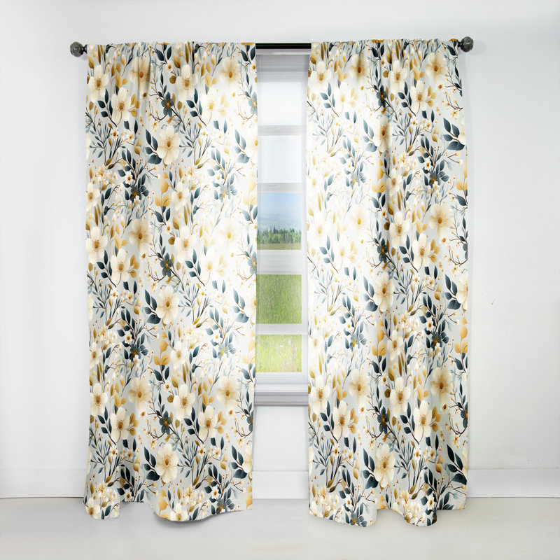 Literie florale blanche et beige minimaliste I - Rideau floral - Velours obscurcissant - 1 panneau, L 52 po x L 90 po