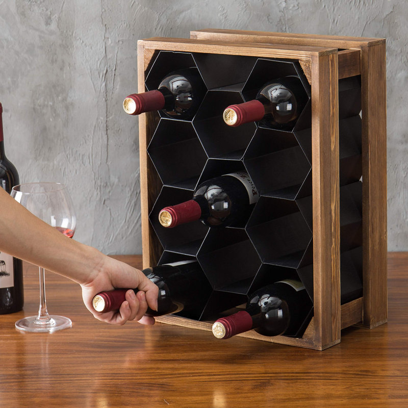 11 Bottle Metal/Solid Wood Tabletop Wine Bottle Rack in Brown
