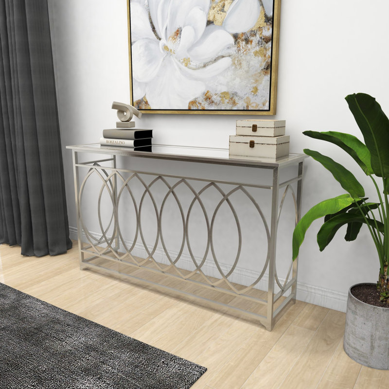 Metal Geometric Living Room Console Table with Mirrored Glass Top, Silver