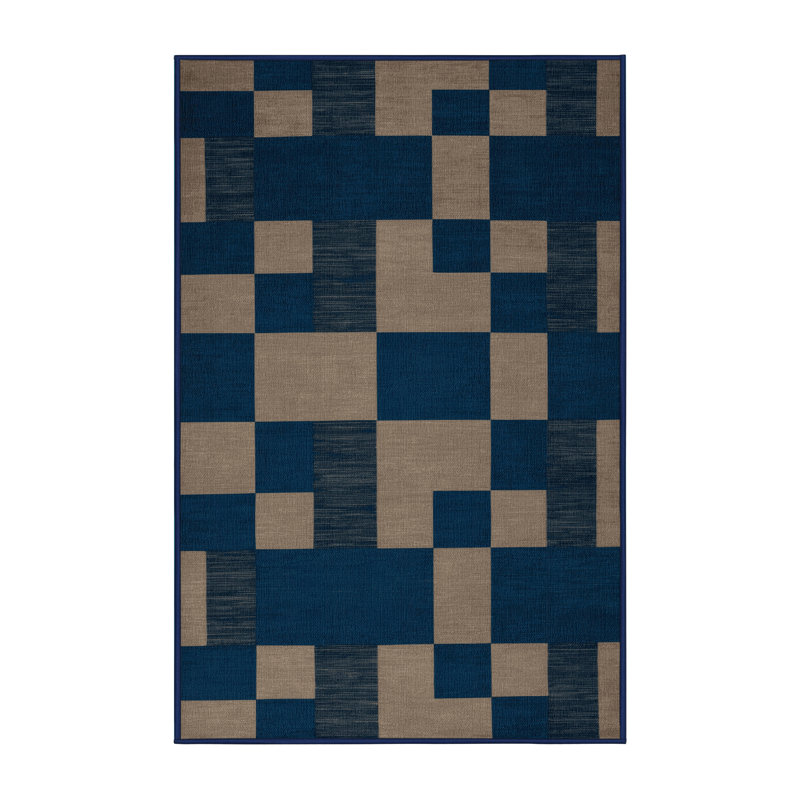 Tapis bleu à carreaux lavable à la machine, Rectangle 7 pi x 9 pi