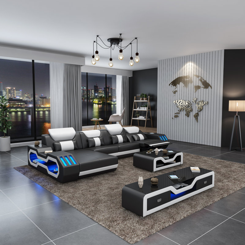 Starfighter Sectional, Black/White Genuine Leather, Left Hand Facing