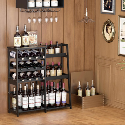 Versatile Liquor Stand for Home Bar, Wine Rack Freestanding Floor, Mini Bar Table with Bamboo Trapezoidal Liquor Bottle Display Shelf Cabinet for Living Room