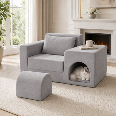 Fauteuil rembourré de 55,1 po avec passe-partout pour animaux de compagnie, coussin moelleux et repose-pieds, gris