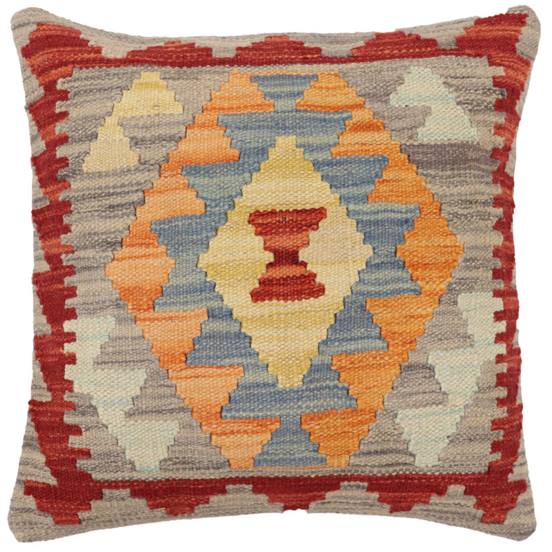 Oreiller rustique en kilim tissé à la main Caballer - 17 po x 18 po Rustic, H 17 po x l 18 po, Rouille / bleu / gris / or