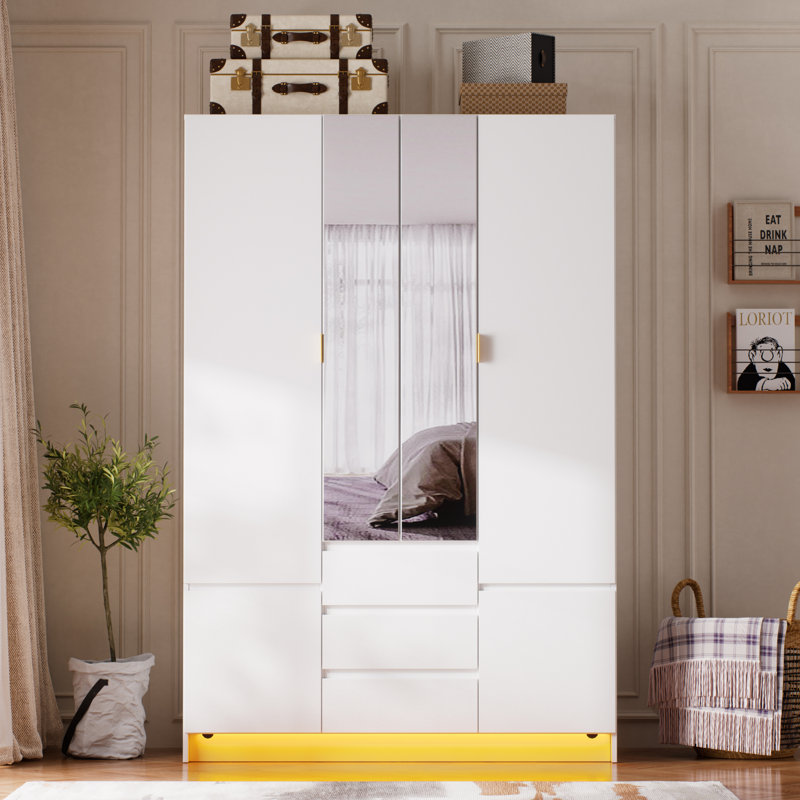  Armoire penderie 4 portes avec éclairage à DEL et miroir, armoire de chambre à coucher grande capacité avec armoire et tiroirs