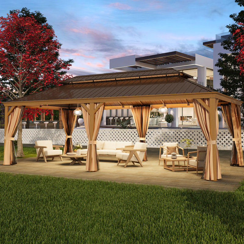 22 Ft. W x 12 Ft. D Hardtop Gazebo, Galvanized Steel Double Roof with Wood Grain Aluminum Frame, Outdoor Gazebo with Curtains and Nettings for Patio, Backyard and Deck