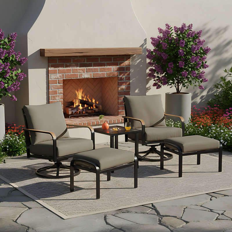 5 Pieces Outdoor Conversation With High Back Swivel Rocking Chairs And Ottoman, Black Frame/Shale Cushion, Yes