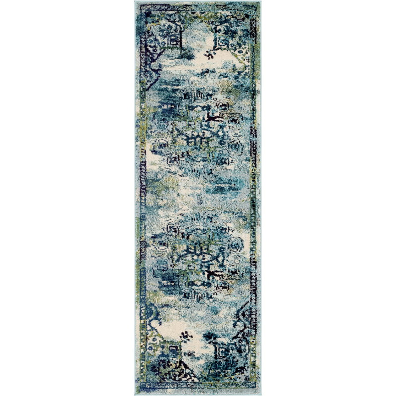 Tapis bleu tissé à la machine Holker, Tapis de couloir 2 pi 2 po x 6 pi 9 po