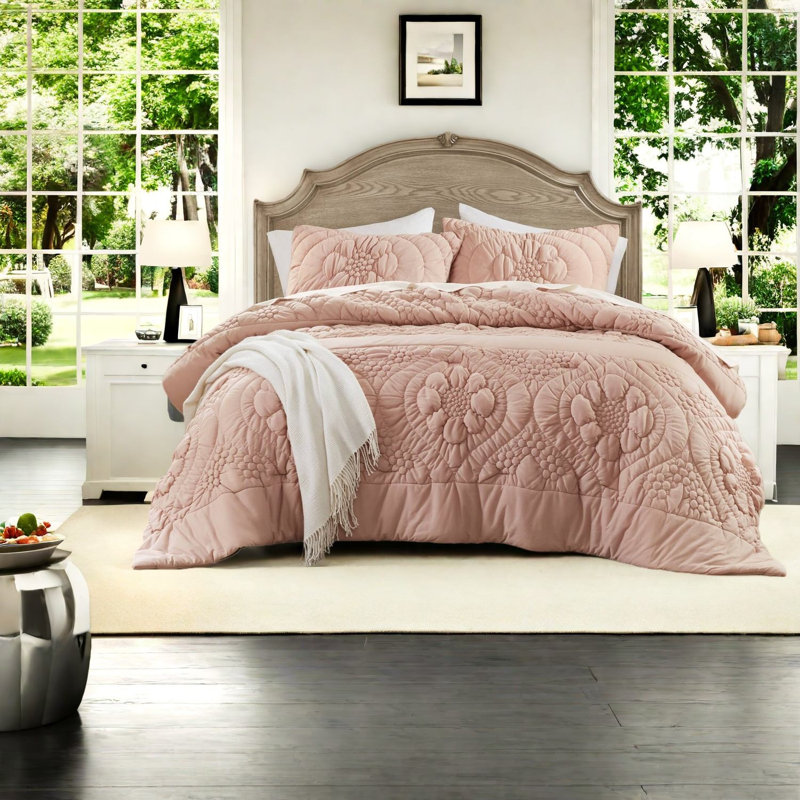 Ensemble de literie pour lit très grand romantique 3 pièces en polyester rose avec motif floral toutes saisons