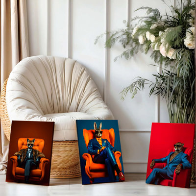 Ensemble de 3 affiches encadrées, portraits d'animaux modernes sur toile : renard, lapin et léopard élégants en costume, assis sur des fauteuils, sur des fonds colorés et vibrants. Décor contemporain pour salon, bureau ou chambre.