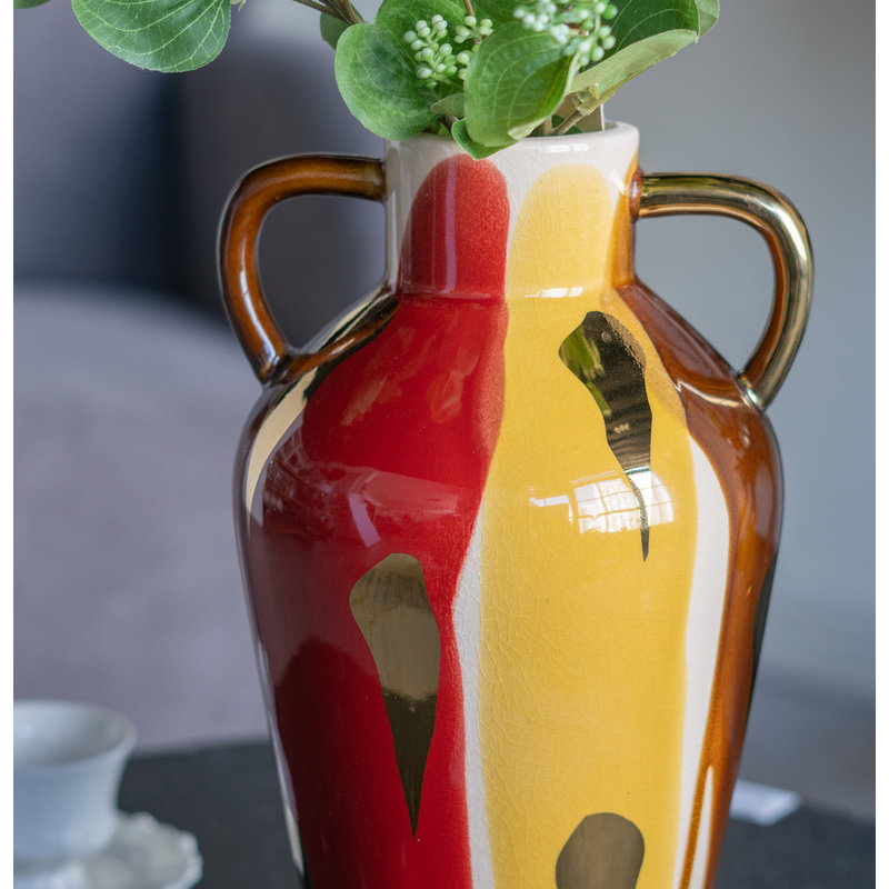 Vase en céramique 7,4 x 6,4 x 12,4 po avec finition abstraite multicolore